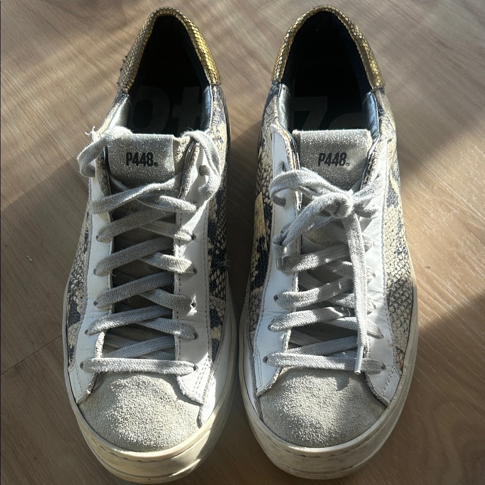 P448 Gray and White Snakeskin Sneakers with Gold Detail